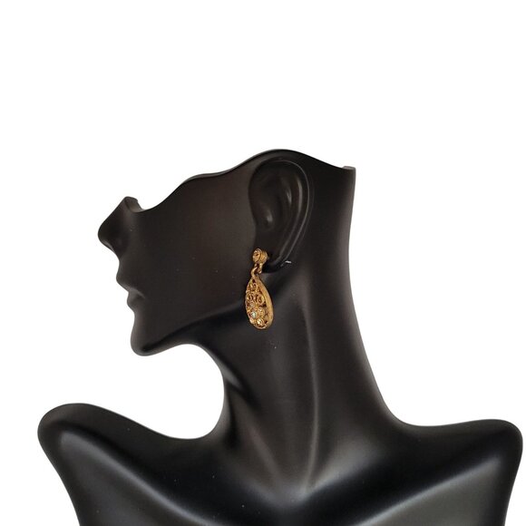 Vintage Womens Gold Toned Floral Rhinestone Tear Drop Dangle Pierced Earrings - Picture 3 of 9